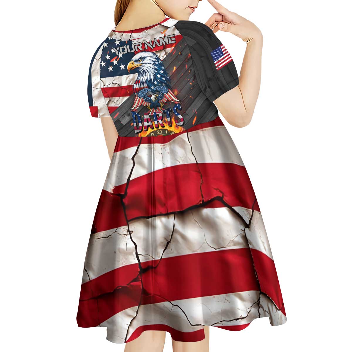 Custom American Flag and Bald Eagle Darts Kid Short Sleeve Dress with Flaming Dartboard - Wonder Print Shop