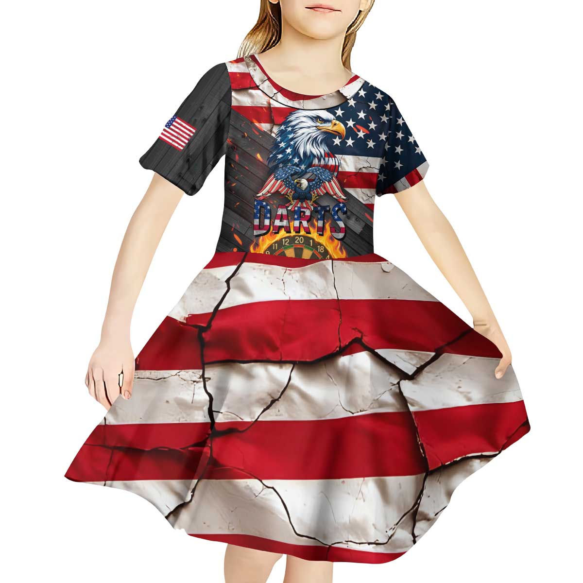 Custom American Flag and Bald Eagle Darts Kid Short Sleeve Dress with Flaming Dartboard - Wonder Print Shop