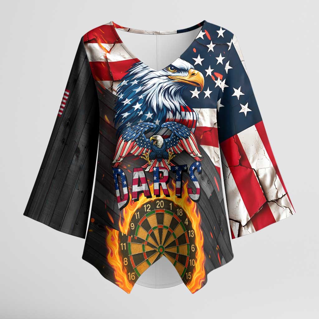 Custom American Flag and Bald Eagle Darts Kimono Sleeve Blouse with Flaming Dartboard - Wonder Print Shop