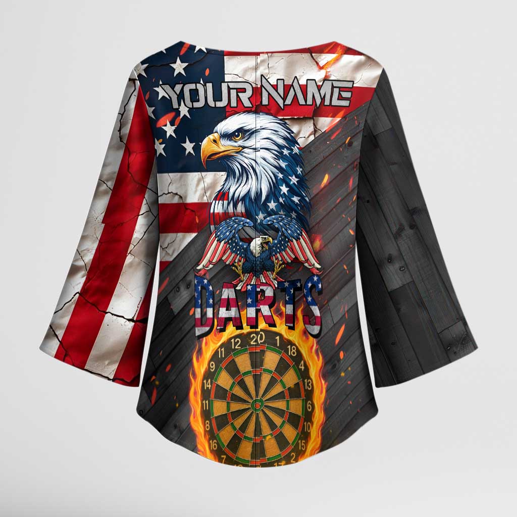 Custom American Flag and Bald Eagle Darts Kimono Sleeve Blouse with Flaming Dartboard - Wonder Print Shop