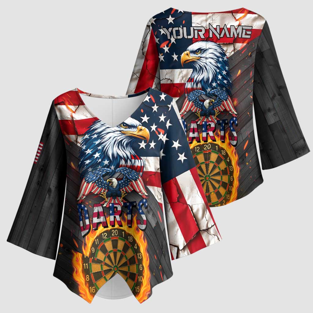 Custom American Flag and Bald Eagle Darts Kimono Sleeve Blouse with Flaming Dartboard - Wonder Print Shop