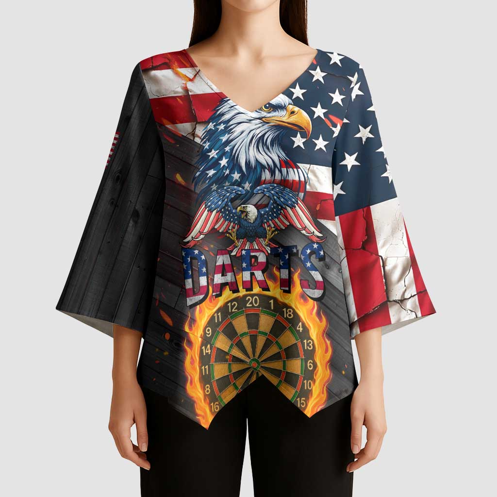 Custom American Flag and Bald Eagle Darts Kimono Sleeve Blouse with Flaming Dartboard - Wonder Print Shop