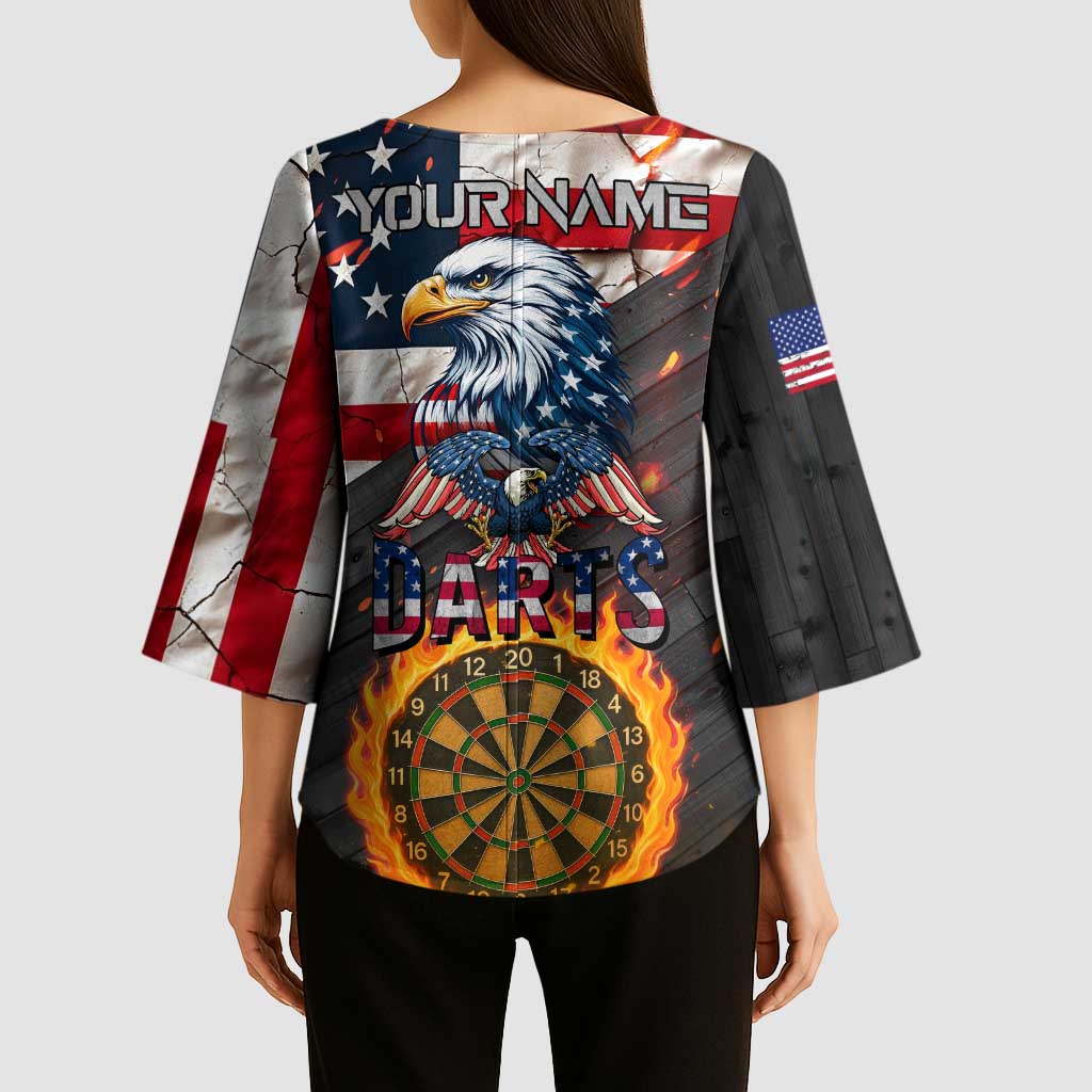 Custom American Flag and Bald Eagle Darts Kimono Sleeve Blouse with Flaming Dartboard - Wonder Print Shop