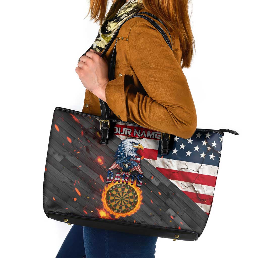 Custom American Flag and Bald Eagle Darts Leather Tote Bag with Flaming Dartboard - Wonder Print Shop