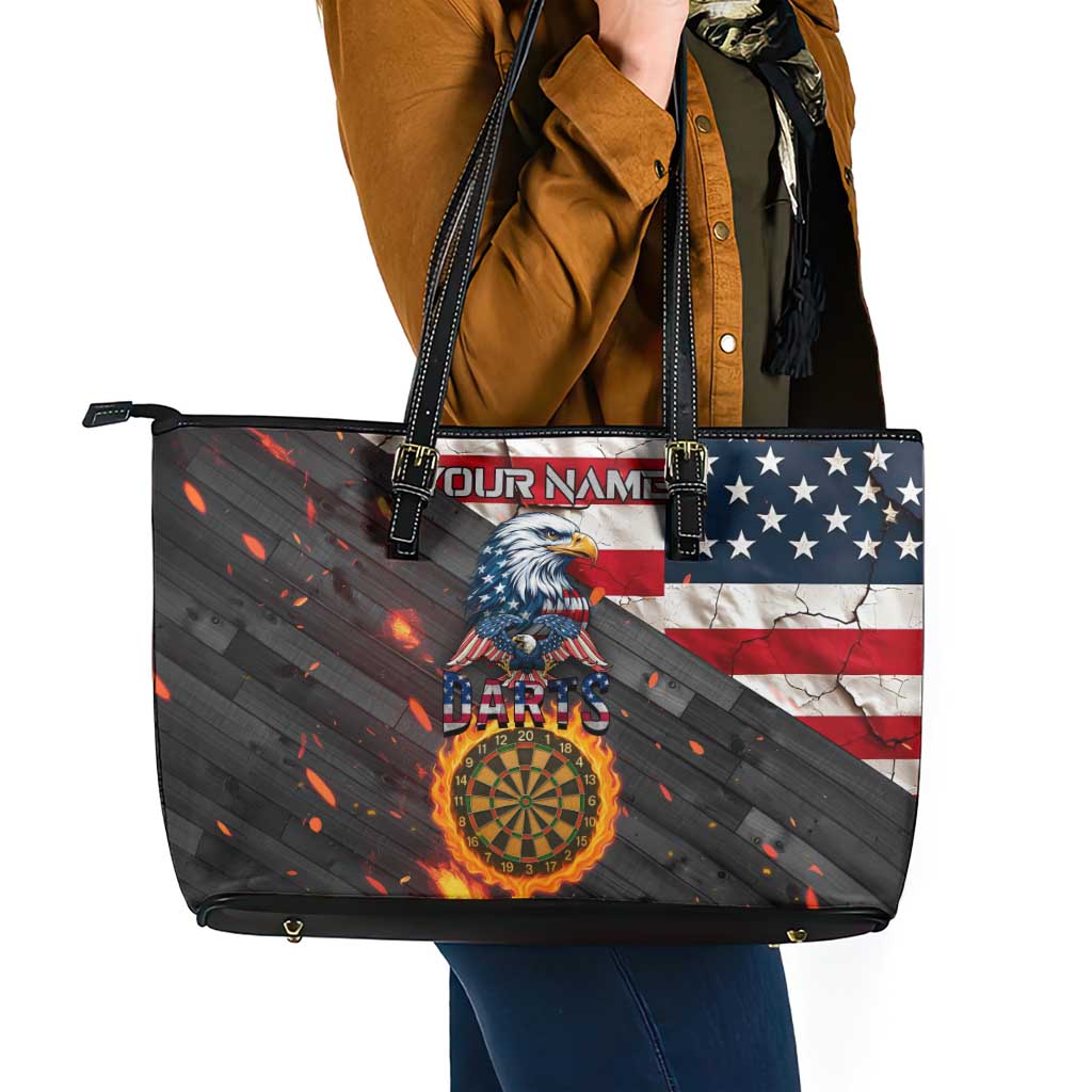 Custom American Flag and Bald Eagle Darts Leather Tote Bag with Flaming Dartboard - Wonder Print Shop