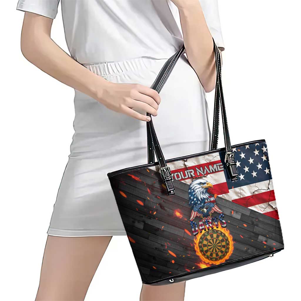 Custom American Flag and Bald Eagle Darts Leather Tote Bag with Flaming Dartboard - Wonder Print Shop