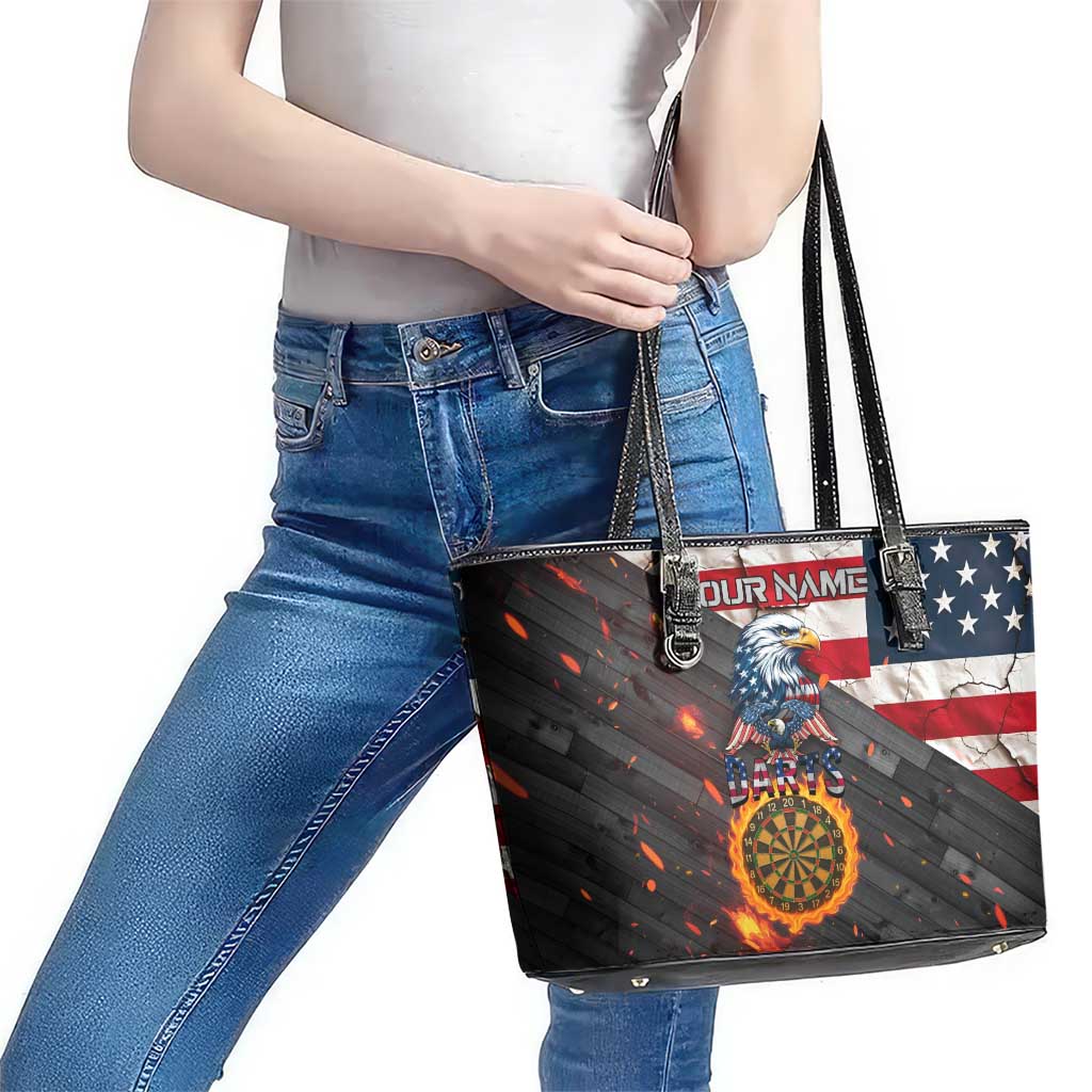 Custom American Flag and Bald Eagle Darts Leather Tote Bag with Flaming Dartboard - Wonder Print Shop