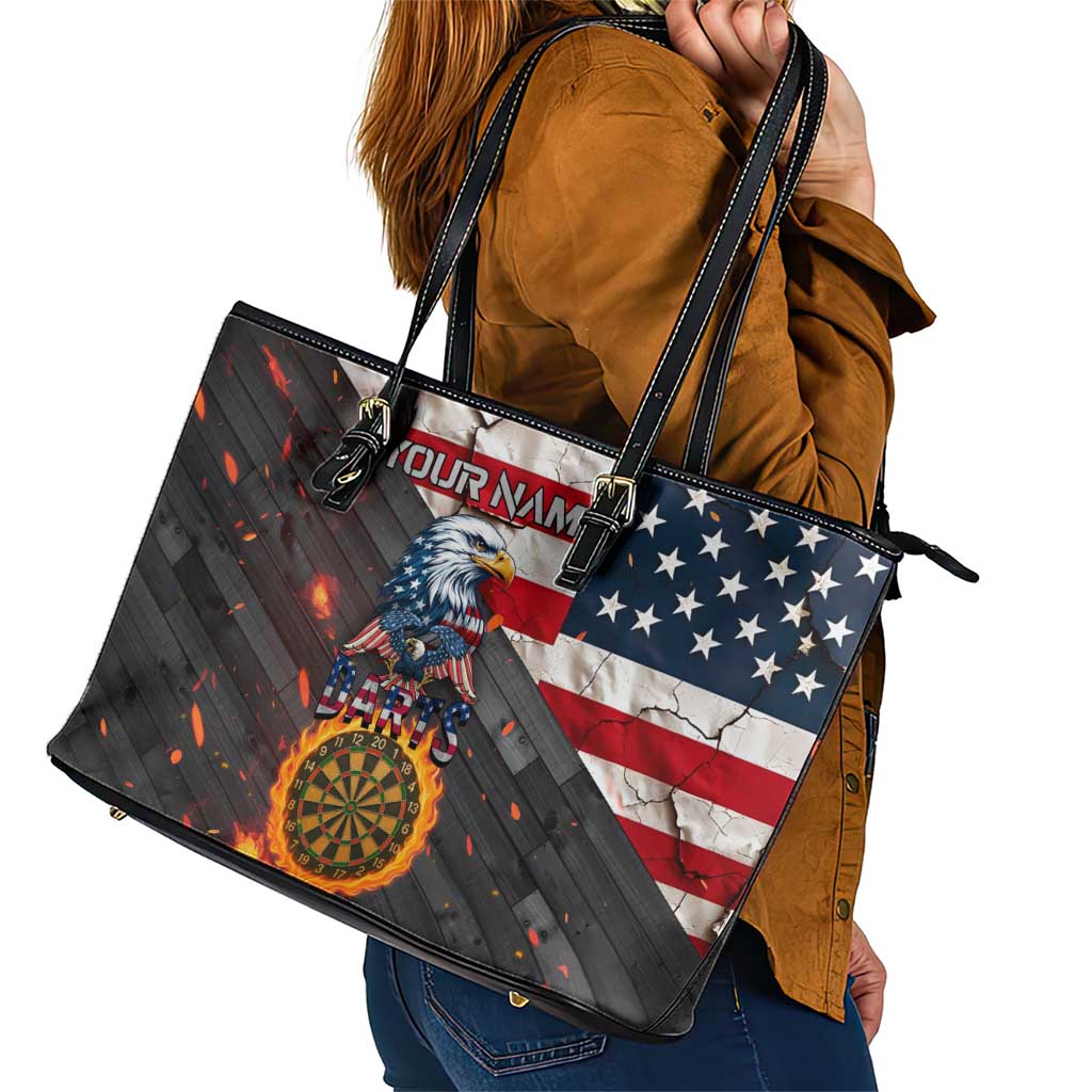 Custom American Flag and Bald Eagle Darts Leather Tote Bag with Flaming Dartboard - Wonder Print Shop