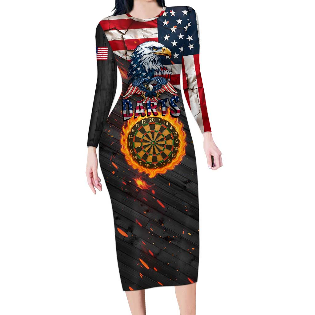 Custom American Flag and Bald Eagle Darts Long Sleeve Bodycon Dress with Flaming Dartboard - Wonder Print Shop