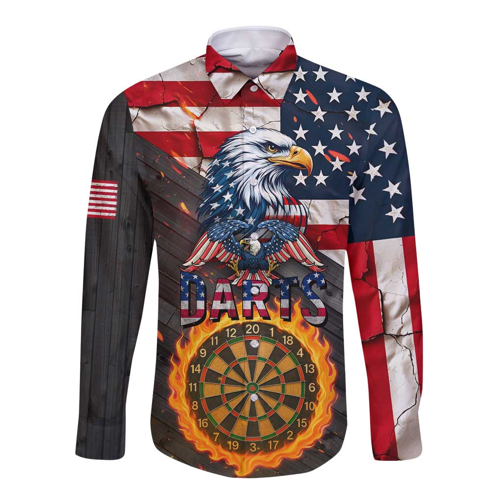 Custom American Flag and Bald Eagle Darts Long Sleeve Button Shirt with Flaming Dartboard - Wonder Print Shop