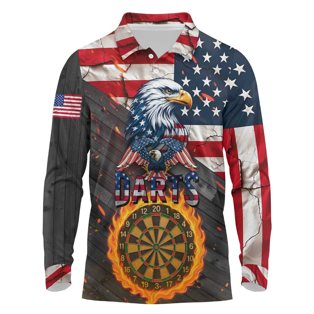 Custom American Flag and Bald Eagle Darts Long Sleeve Polo Shirt with Flaming Dartboard - Wonder Print Shop