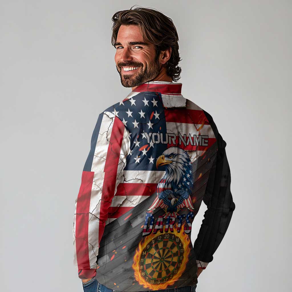 Custom American Flag and Bald Eagle Darts Long Sleeve Polo Shirt with Flaming Dartboard - Wonder Print Shop