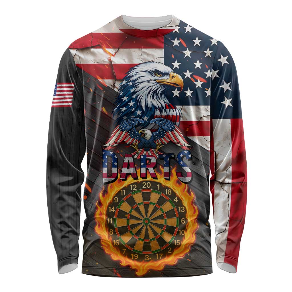 Custom American Flag and Bald Eagle Darts Long Sleeve Shirt with Flaming Dartboard - Wonder Print Shop