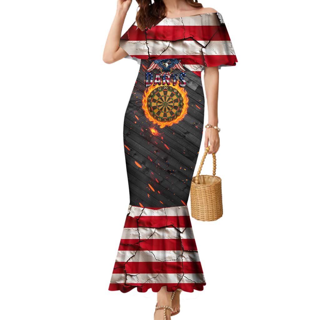 Custom American Flag and Bald Eagle Darts Mermaid Dress with Flaming Dartboard - Wonder Print Shop