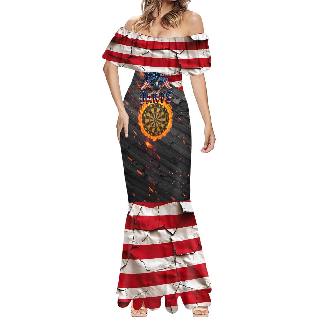 Custom American Flag and Bald Eagle Darts Mermaid Dress with Flaming Dartboard - Wonder Print Shop