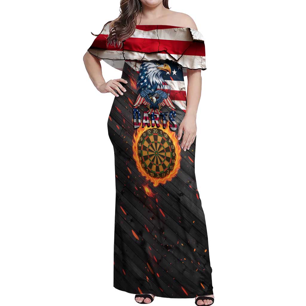 Custom American Flag and Bald Eagle Darts Off Shoulder Maxi Dress with Flaming Dartboard - Wonder Print Shop