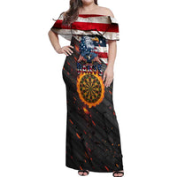 Custom American Flag and Bald Eagle Darts Off Shoulder Maxi Dress with Flaming Dartboard - Wonder Print Shop