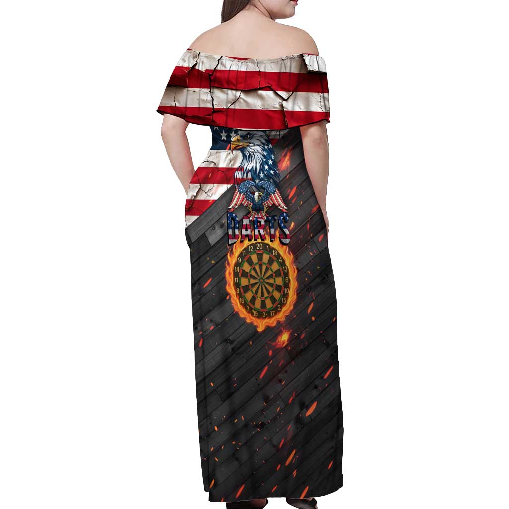 Custom American Flag and Bald Eagle Darts Off Shoulder Maxi Dress with Flaming Dartboard - Wonder Print Shop