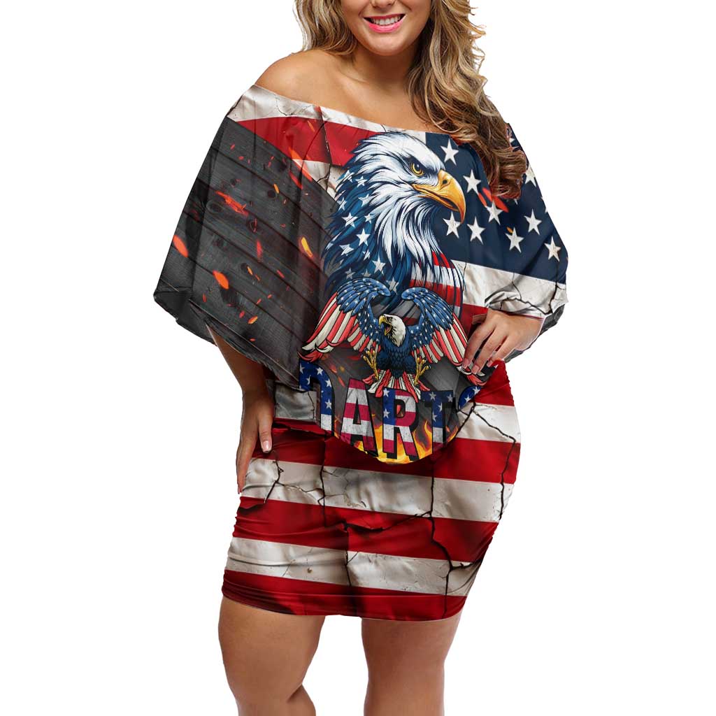 Custom American Flag and Bald Eagle Darts Off Shoulder Short Dress with Flaming Dartboard - Wonder Print Shop