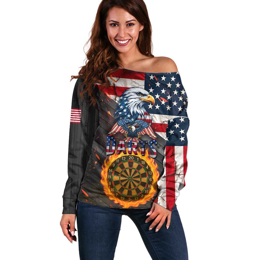 Custom American Flag and Bald Eagle Darts Off Shoulder Sweater with Flaming Dartboard - Wonder Print Shop