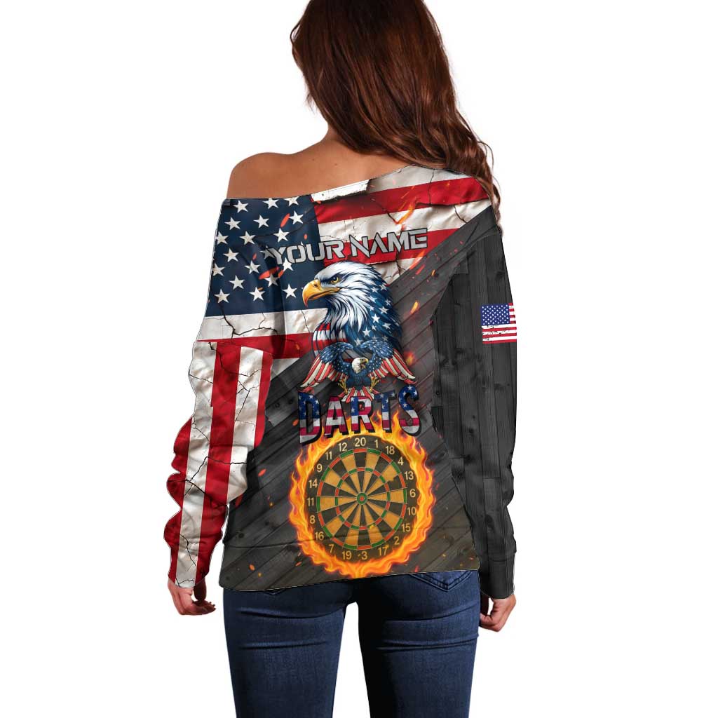 Custom American Flag and Bald Eagle Darts Off Shoulder Sweater with Flaming Dartboard - Wonder Print Shop