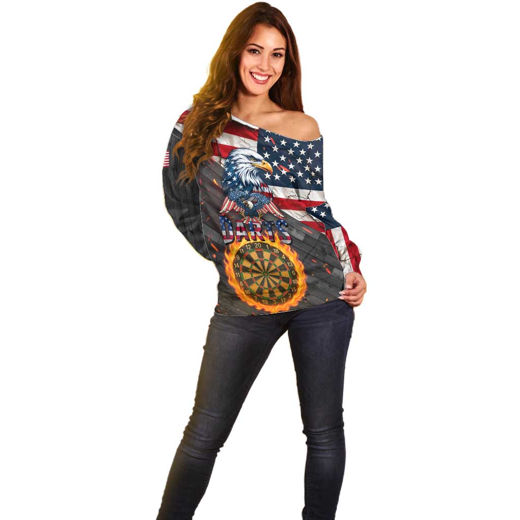 Custom American Flag and Bald Eagle Darts Off Shoulder Sweater with Flaming Dartboard - Wonder Print Shop