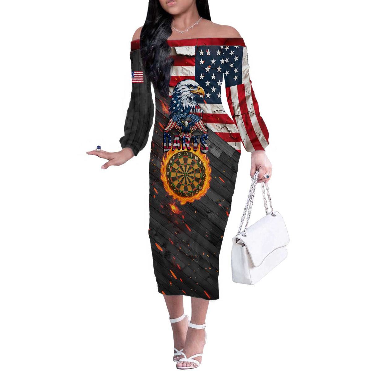 Custom American Flag and Bald Eagle Darts Off The Shoulder Long Sleeve Dress with Flaming Dartboard - Wonder Print Shop