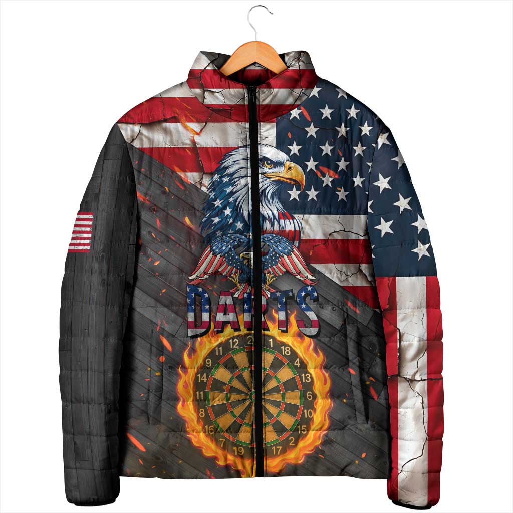 Custom American Flag and Bald Eagle Darts Padded Jacket with Flaming Dartboard - Wonder Print Shop