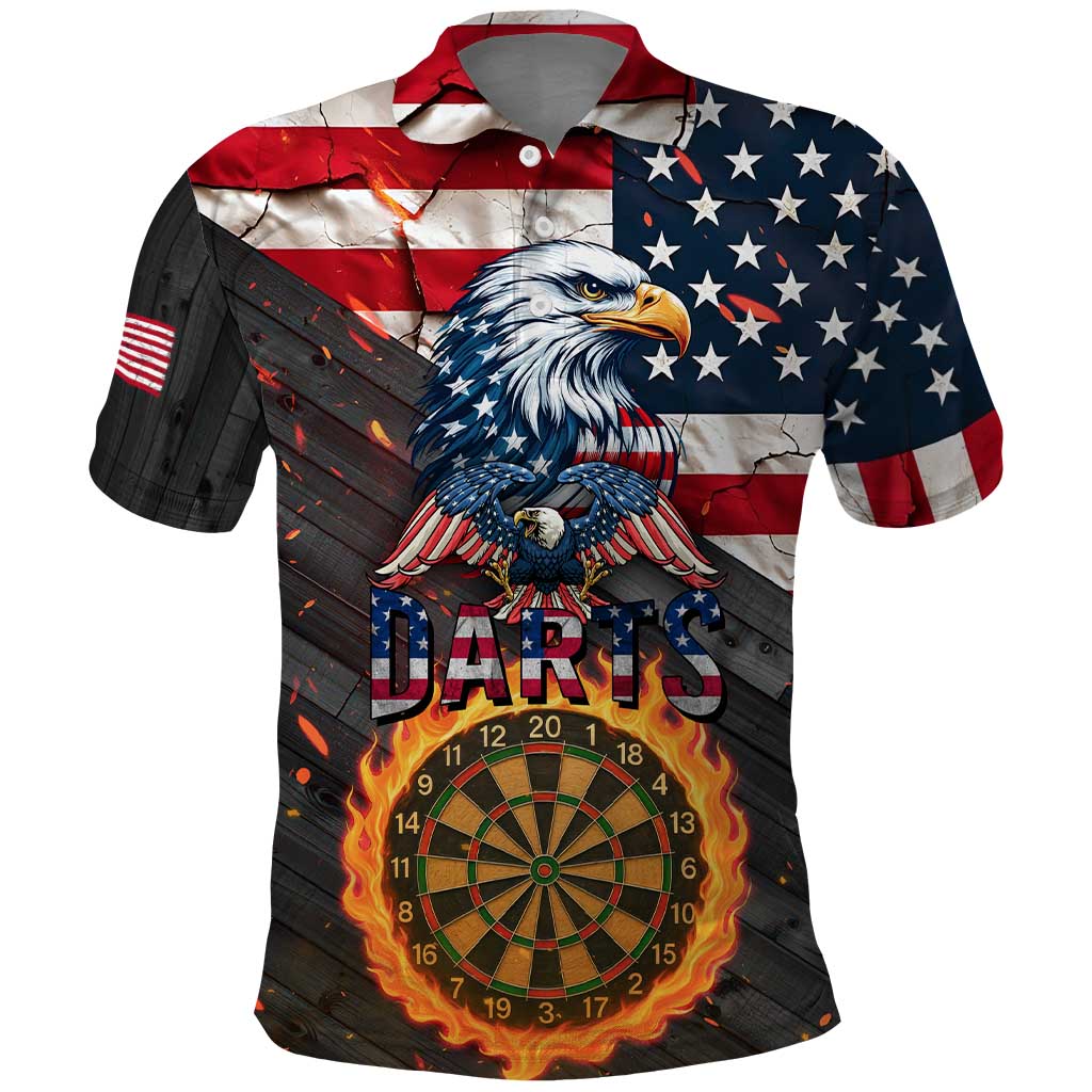 Custom American Flag and Bald Eagle Darts Polo Shirt with Flaming Dartboard - Wonder Print Shop