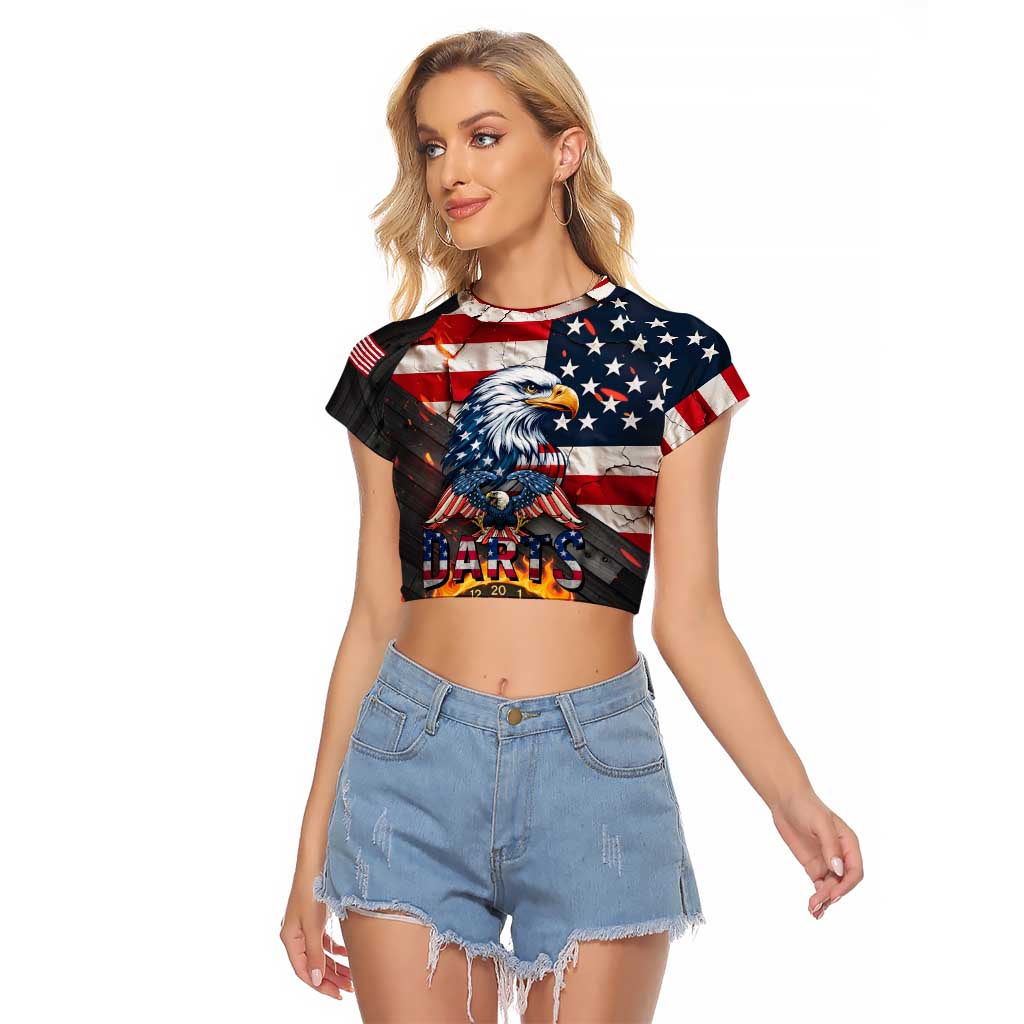 Custom American Flag and Bald Eagle Darts Raglan Cropped T Shirt with Flaming Dartboard - Wonder Print Shop