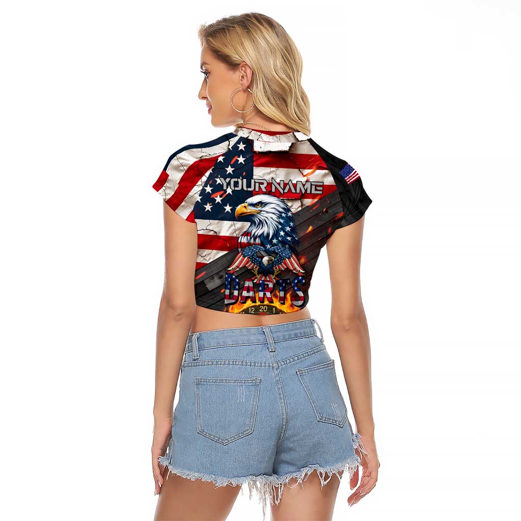 Custom American Flag and Bald Eagle Darts Raglan Cropped T Shirt with Flaming Dartboard - Wonder Print Shop