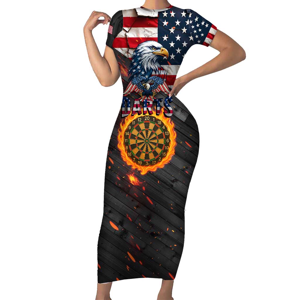 Custom American Flag and Bald Eagle Darts Short Sleeve Bodycon Dress with Flaming Dartboard - Wonder Print Shop