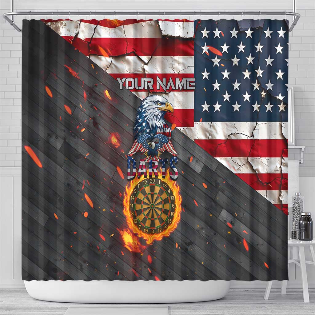 Custom American Flag and Bald Eagle Darts Shower Curtain with Flaming Dartboard - Wonder Print Shop