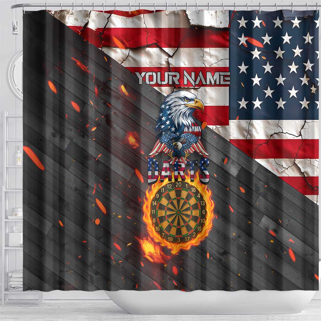 Custom American Flag and Bald Eagle Darts Shower Curtain with Flaming Dartboard - Wonder Print Shop