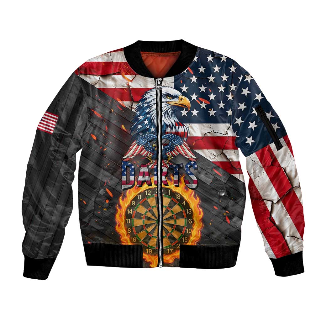 Custom American Flag and Bald Eagle Darts Sleeve Zip Bomber Jacket with Flaming Dartboard - Wonder Print Shop