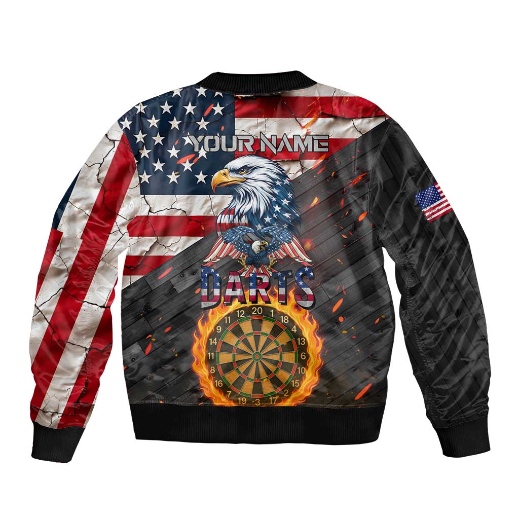 Custom American Flag and Bald Eagle Darts Sleeve Zip Bomber Jacket with Flaming Dartboard - Wonder Print Shop