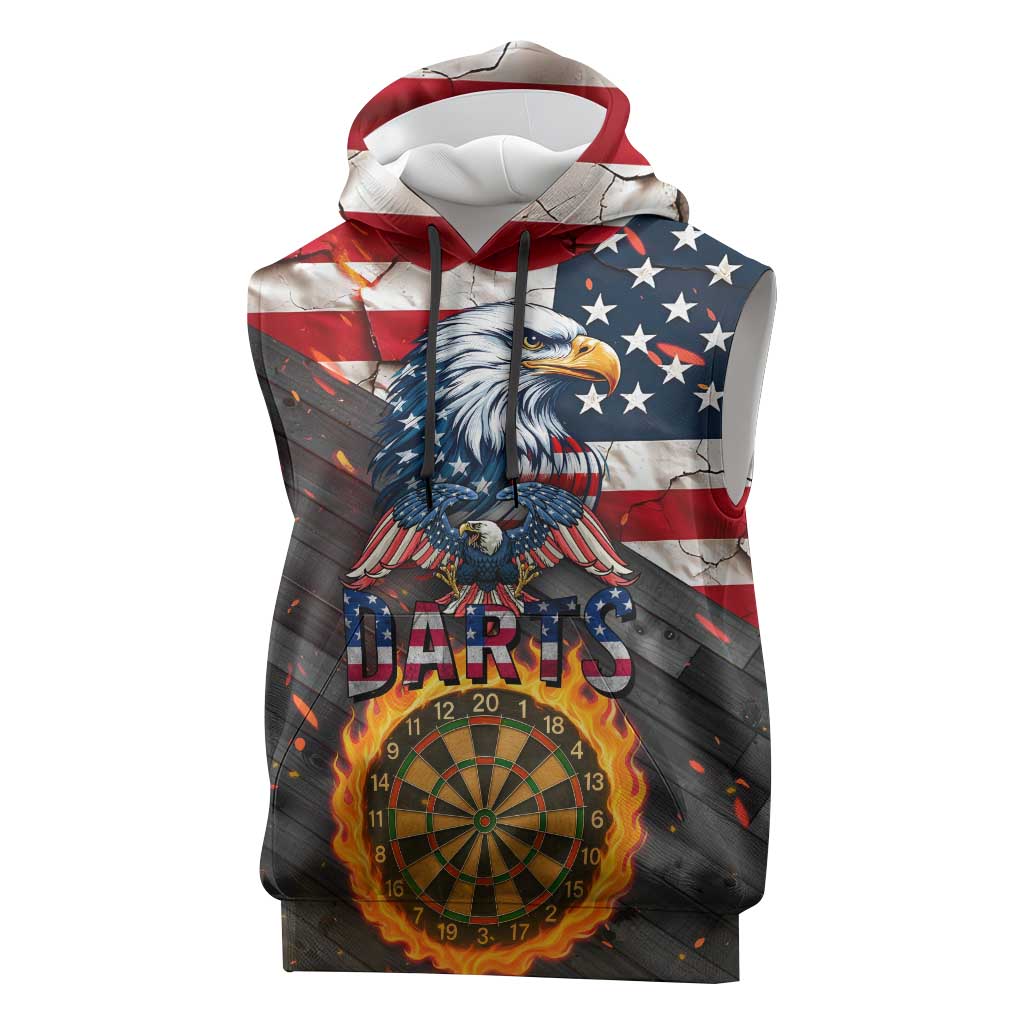 Custom American Flag and Bald Eagle Darts Sleeveless Hoodie with Flaming Dartboard - Wonder Print Shop