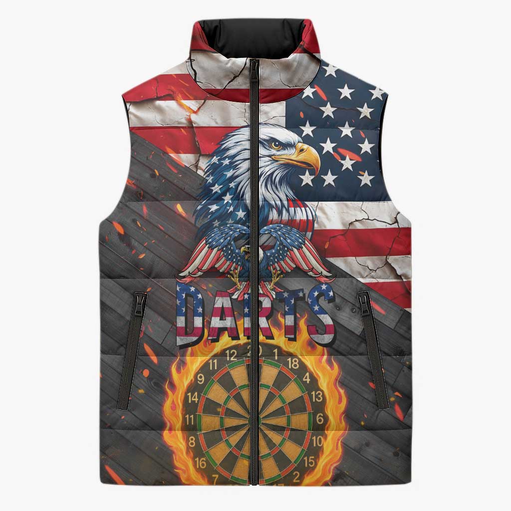 Custom American Flag and Bald Eagle Darts Sleeveless Puffer Jacket with Flaming Dartboard - Wonder Print Shop