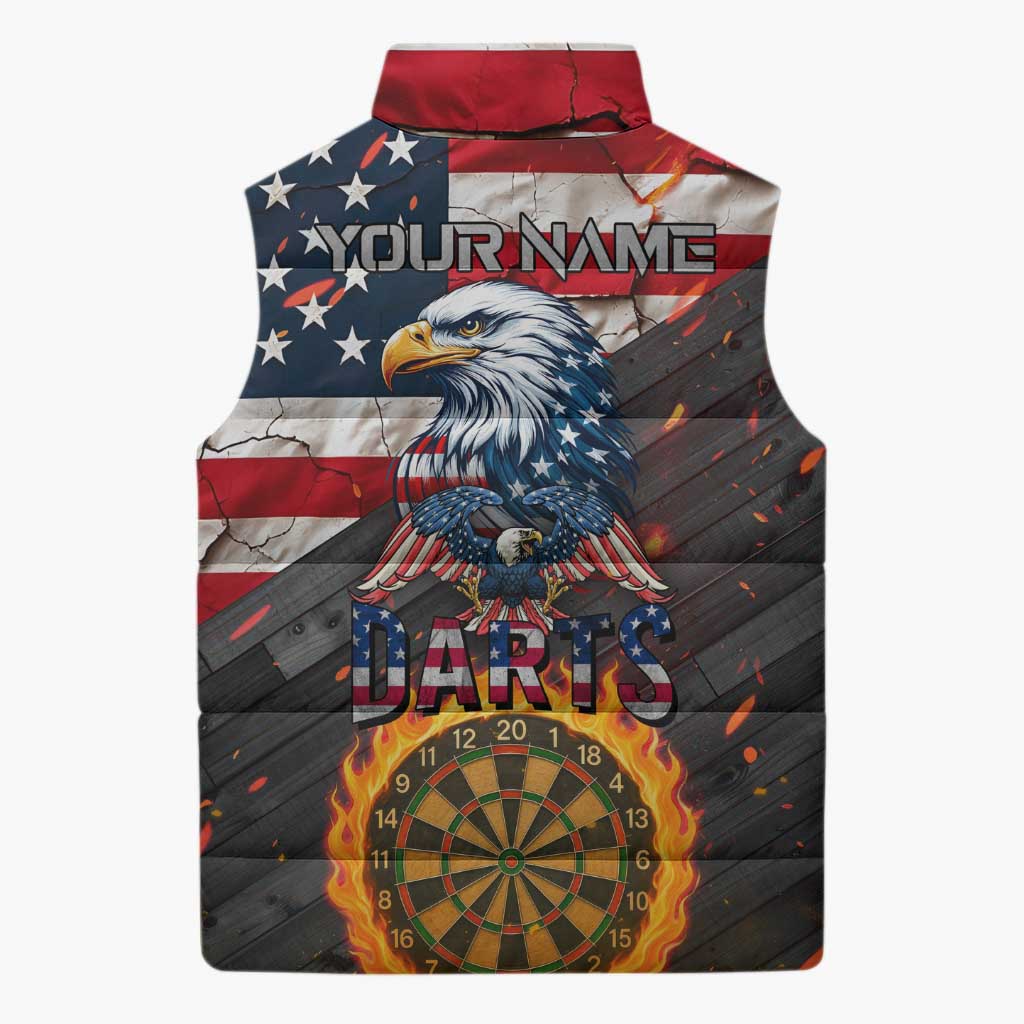 Custom American Flag and Bald Eagle Darts Sleeveless Puffer Jacket with Flaming Dartboard - Wonder Print Shop