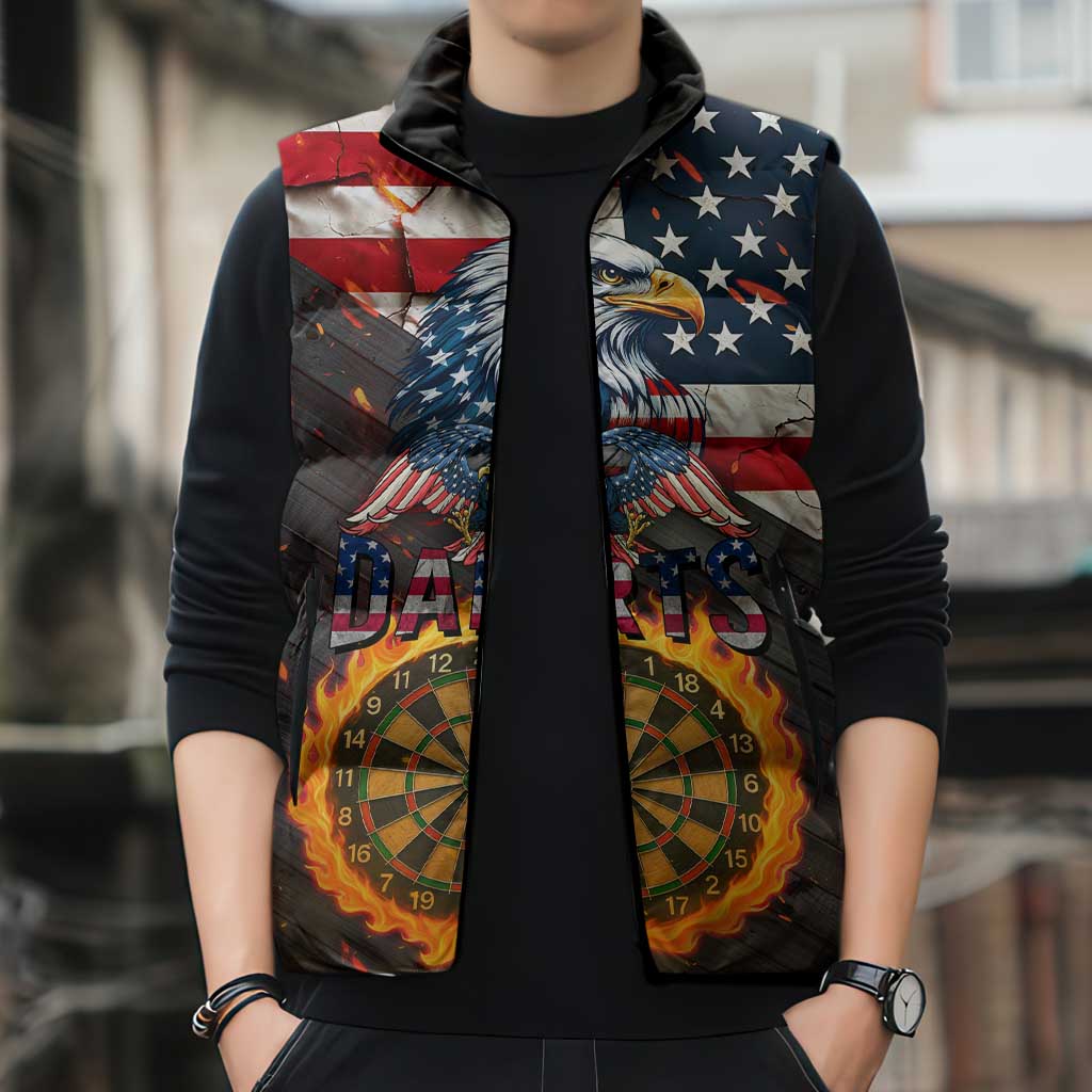 Custom American Flag and Bald Eagle Darts Sleeveless Puffer Jacket with Flaming Dartboard - Wonder Print Shop