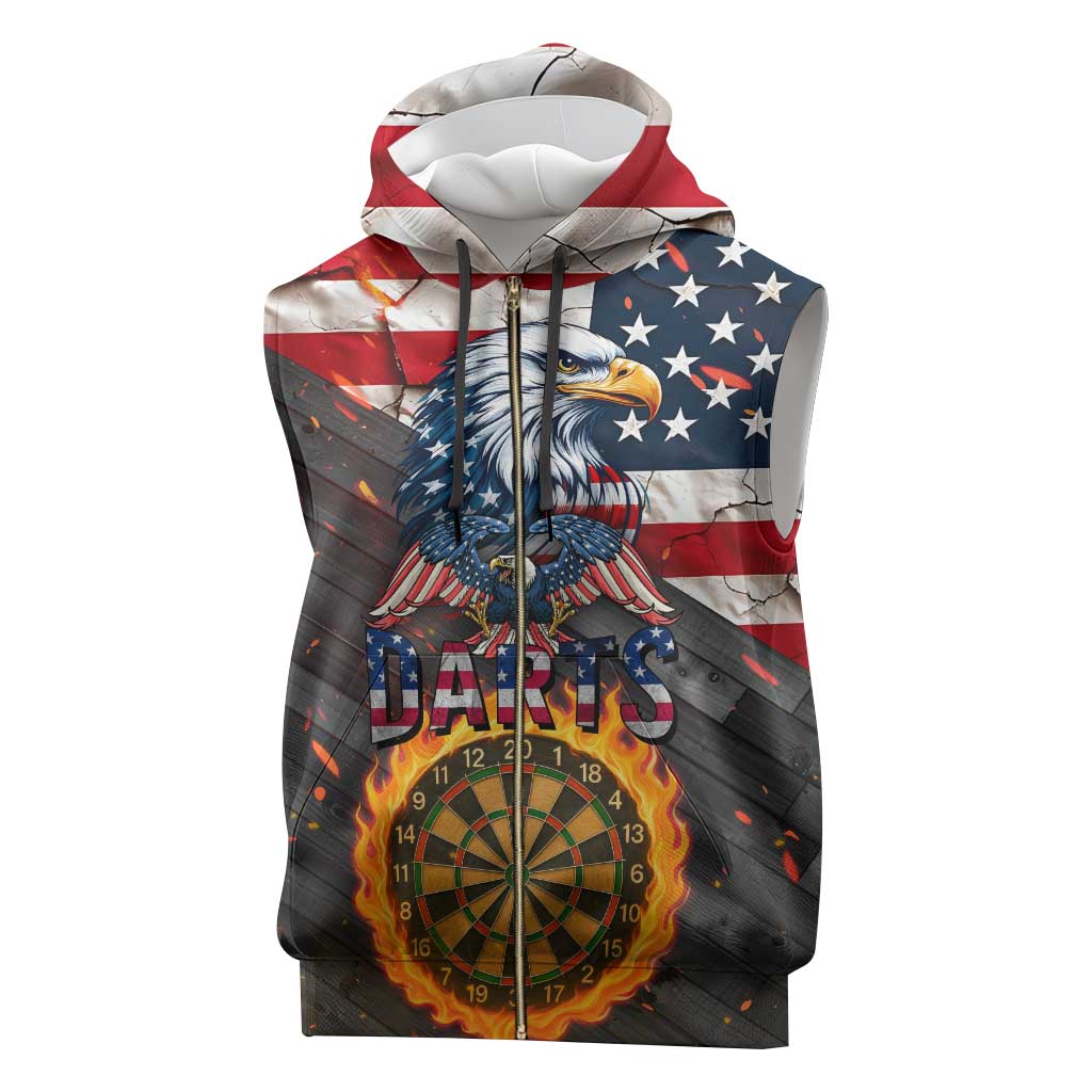Custom American Flag and Bald Eagle Darts Sleeveless Zip Hoodie with Flaming Dartboard - Wonder Print Shop