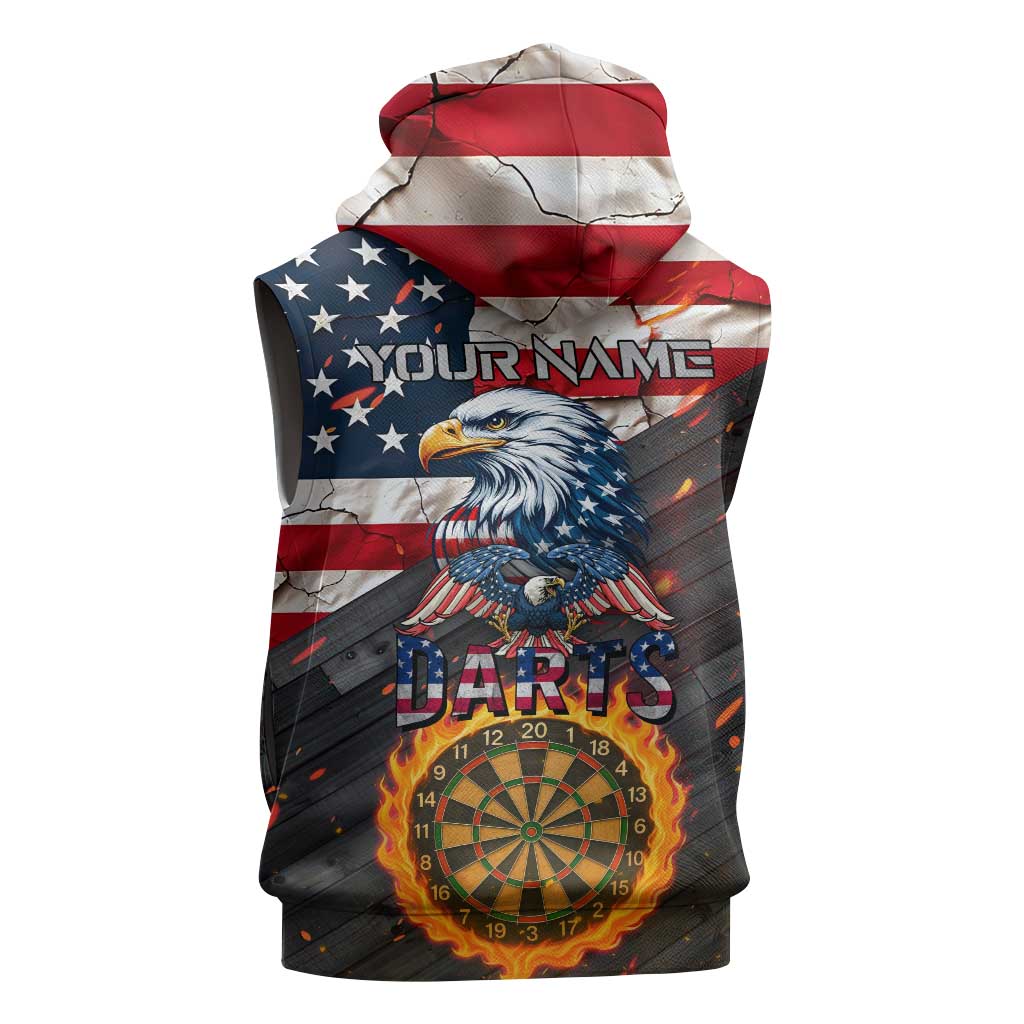 Custom American Flag and Bald Eagle Darts Sleeveless Zip Hoodie with Flaming Dartboard - Wonder Print Shop
