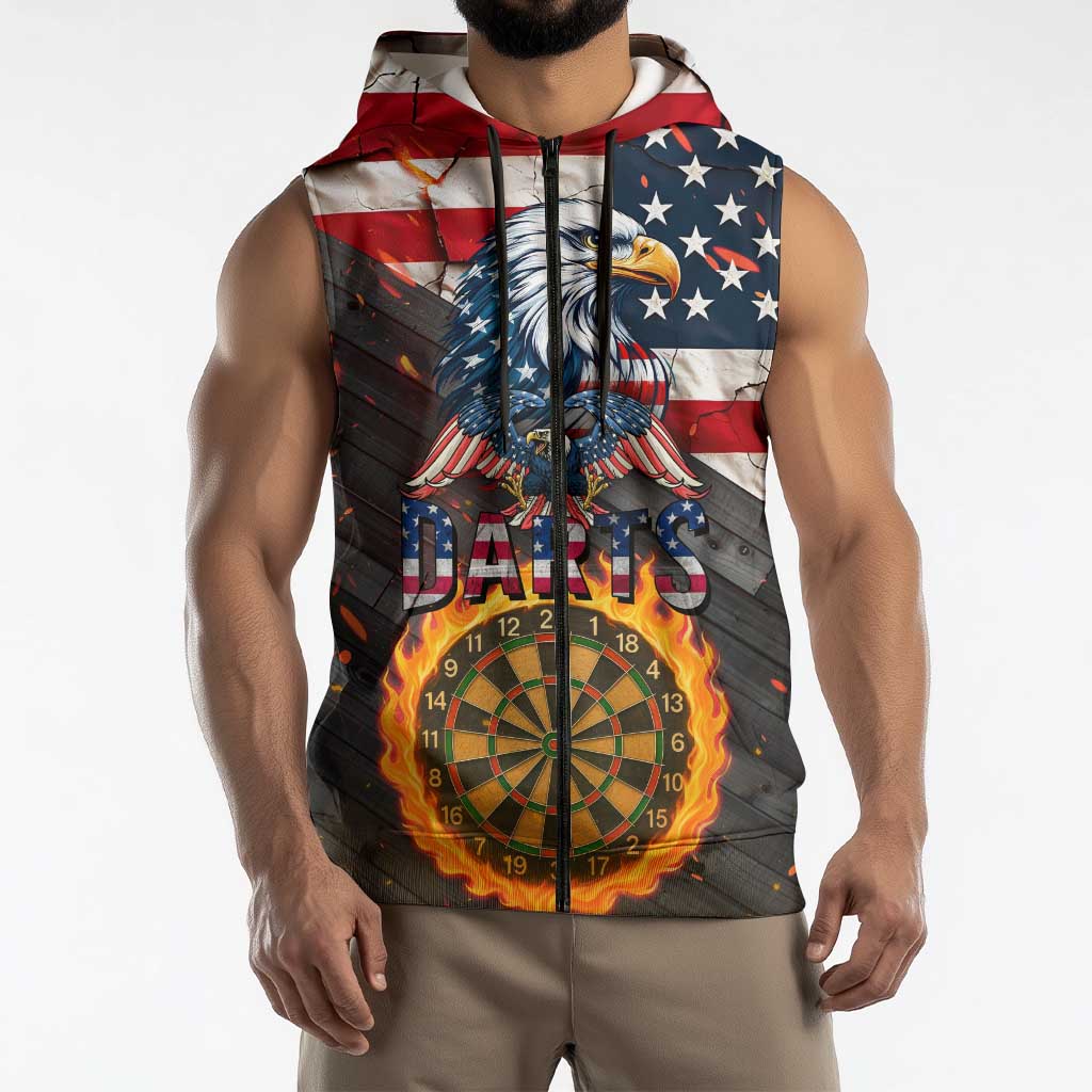 Custom American Flag and Bald Eagle Darts Sleeveless Zip Hoodie with Flaming Dartboard - Wonder Print Shop