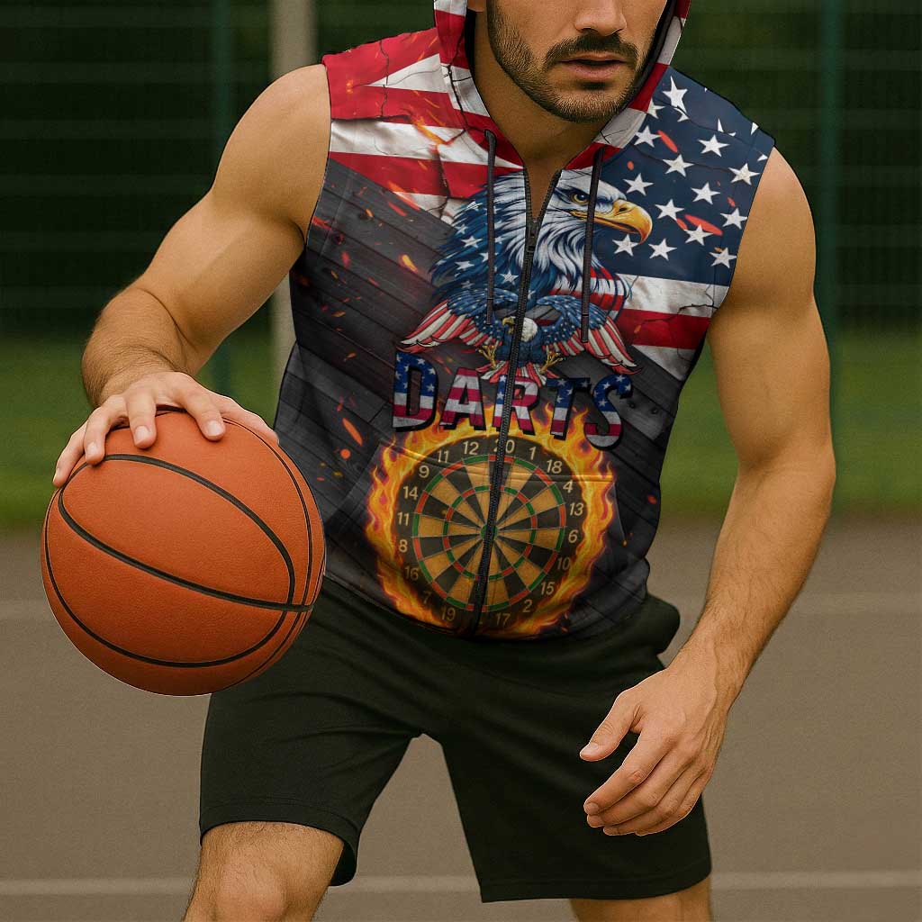 Custom American Flag and Bald Eagle Darts Sleeveless Zip Hoodie with Flaming Dartboard - Wonder Print Shop