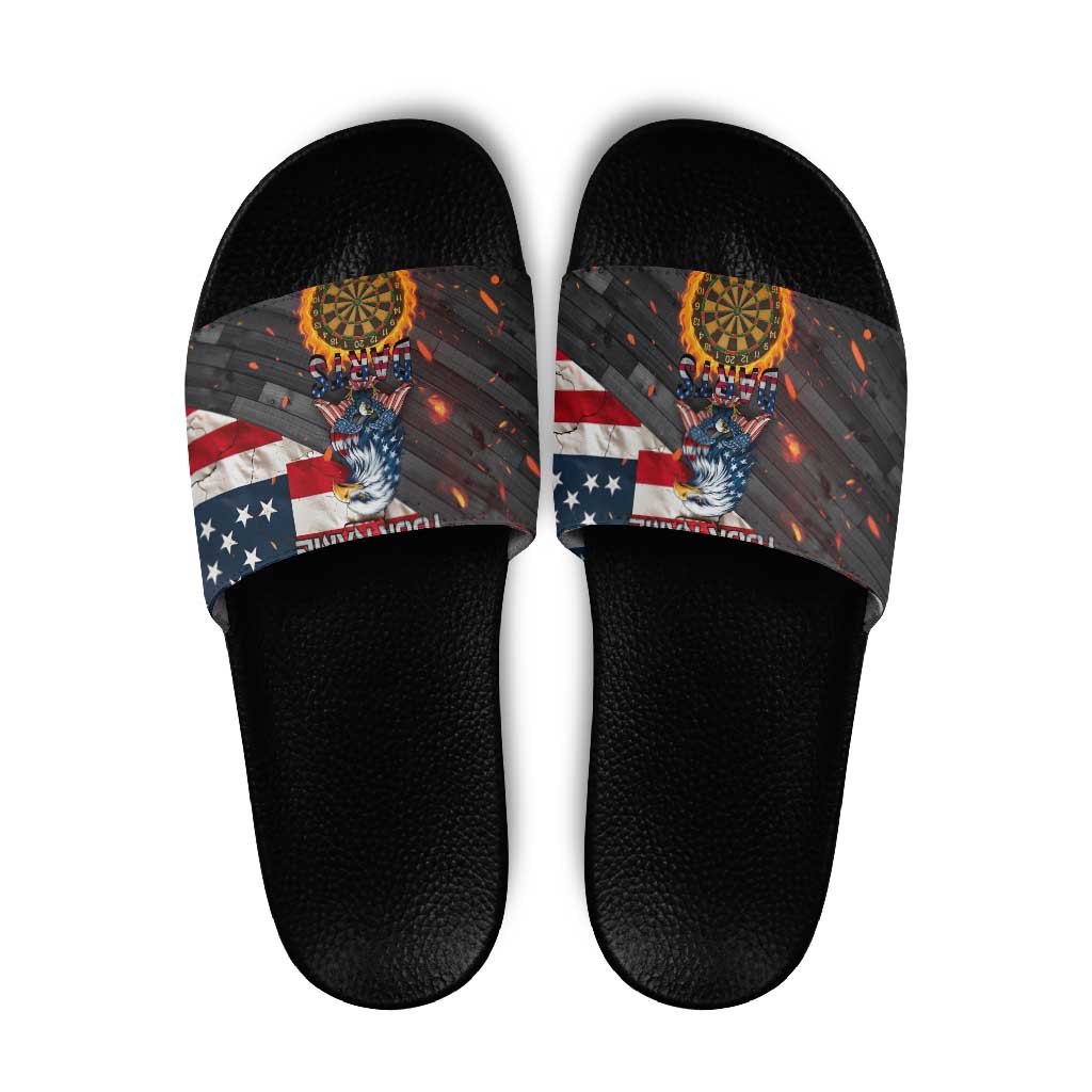 Custom American Flag and Bald Eagle Darts Slide Sandals with Flaming Dartboard - Wonder Print Shop