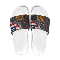 Custom American Flag and Bald Eagle Darts Slide Sandals with Flaming Dartboard - Wonder Print Shop