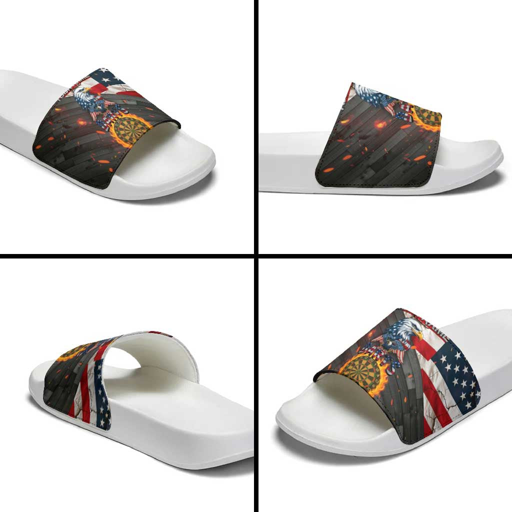 Custom American Flag and Bald Eagle Darts Slide Sandals with Flaming Dartboard - Wonder Print Shop