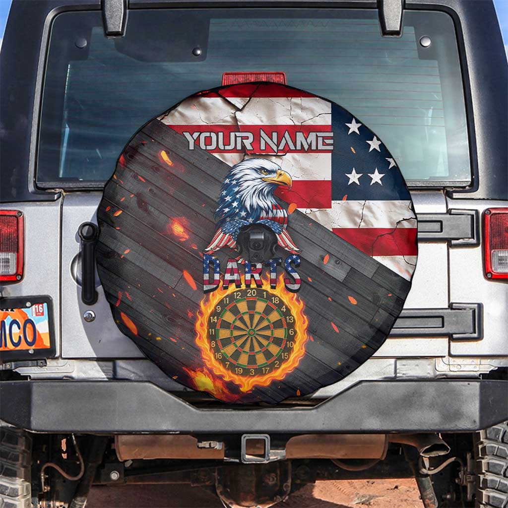 Custom American Flag and Bald Eagle Darts Spare Tire Cover with Flaming Dartboard - Wonder Print Shop