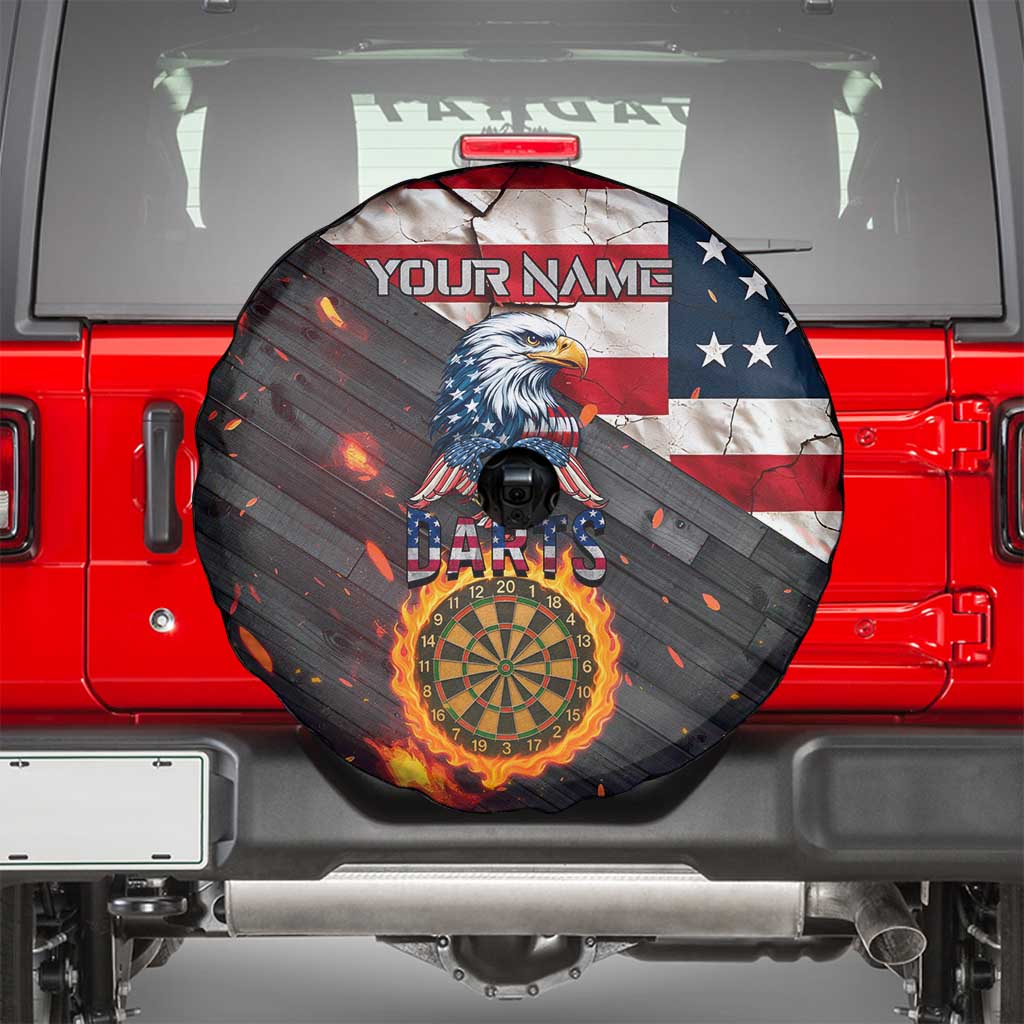 Custom American Flag and Bald Eagle Darts Spare Tire Cover with Flaming Dartboard - Wonder Print Shop