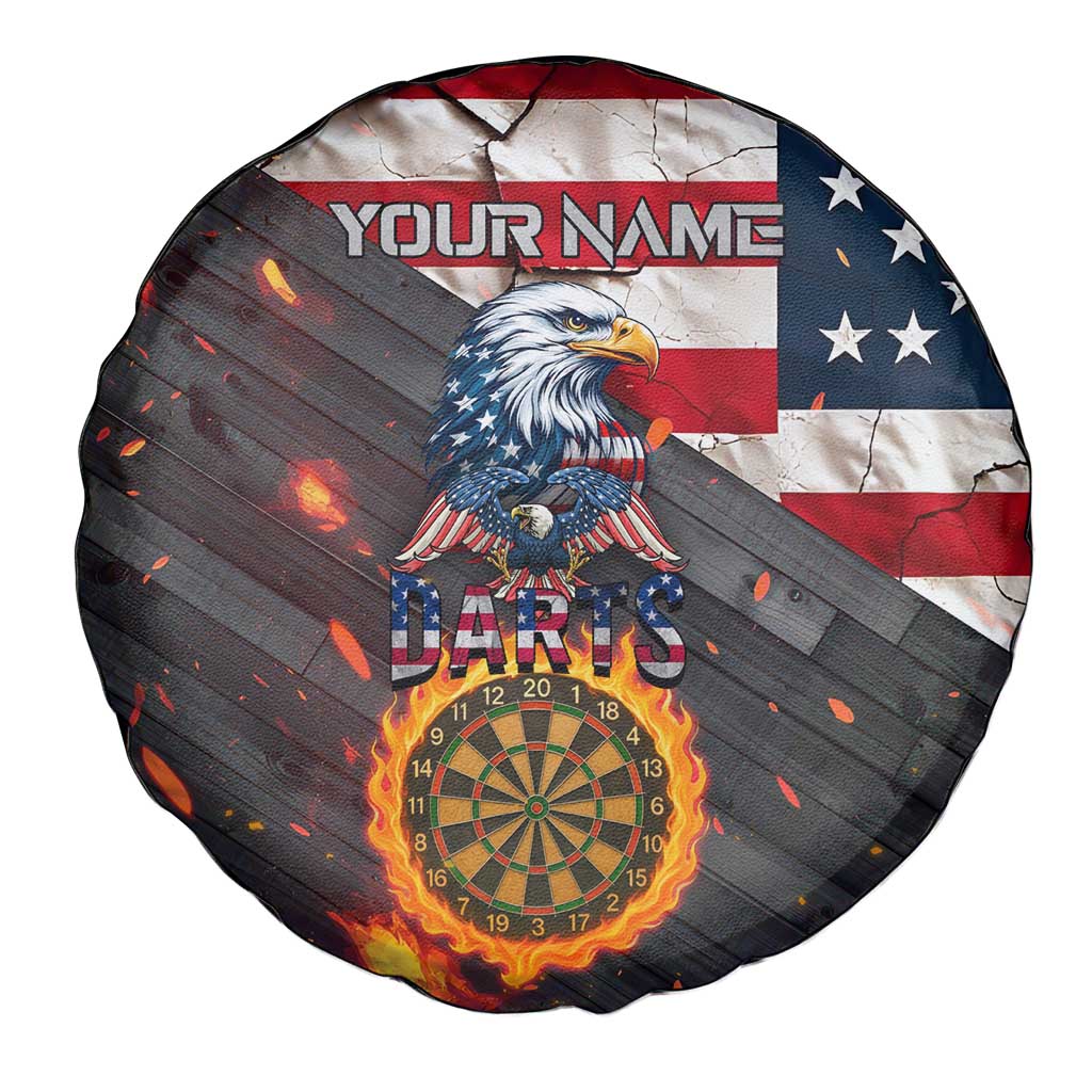 Custom American Flag and Bald Eagle Darts Spare Tire Cover with Flaming Dartboard - Wonder Print Shop